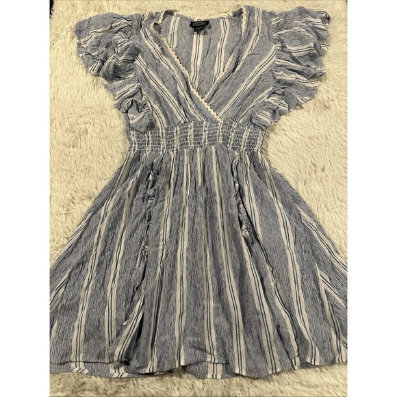Angie Juniors boho blue striped dress L (runs small) busty deep v neck coastal - Picture 1 of 11